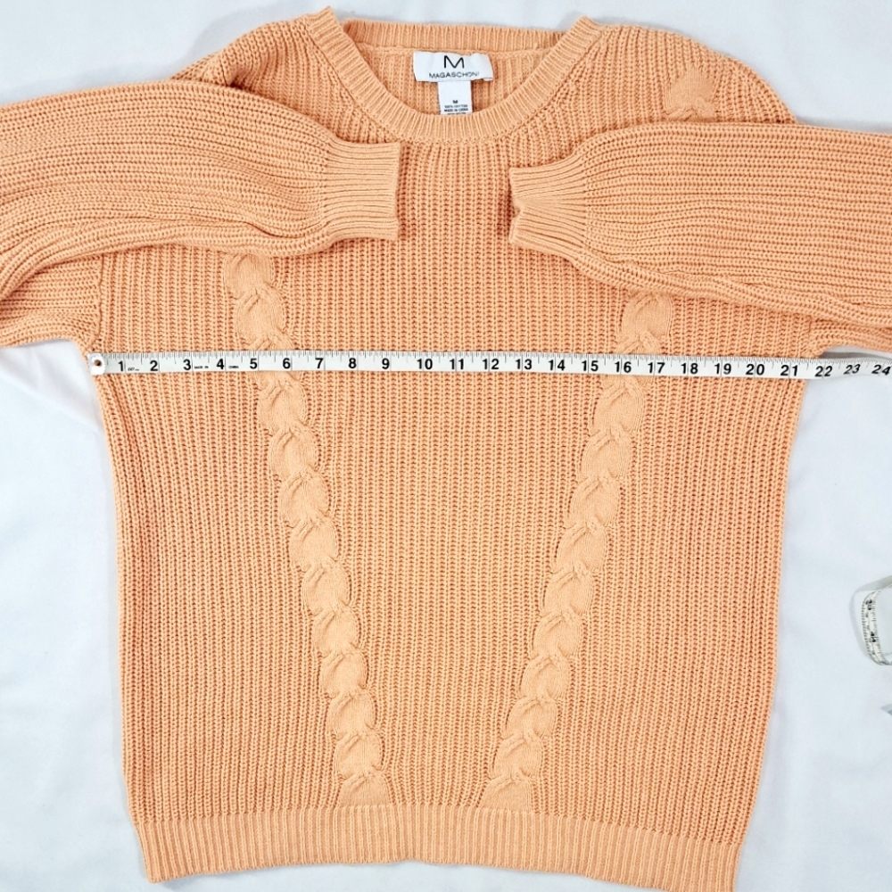 Magaschoni Orange Pumpkin Sweater Cable Knit Long Cotton Pullover Crew Neck M - Picture 10 of 16